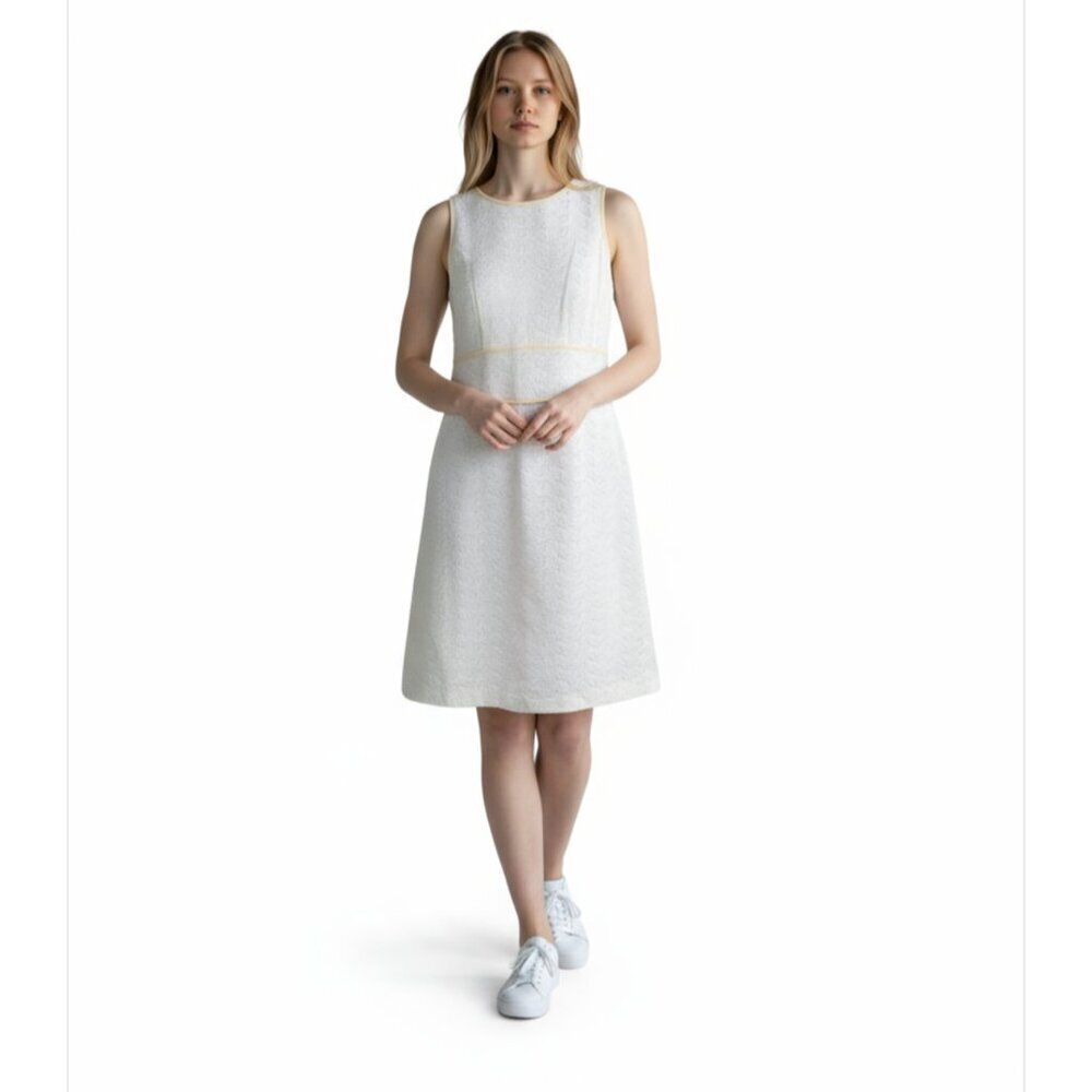 NWT Magaschoni White Cotton Eyelet Leather Trim Sheath Dress Size 6